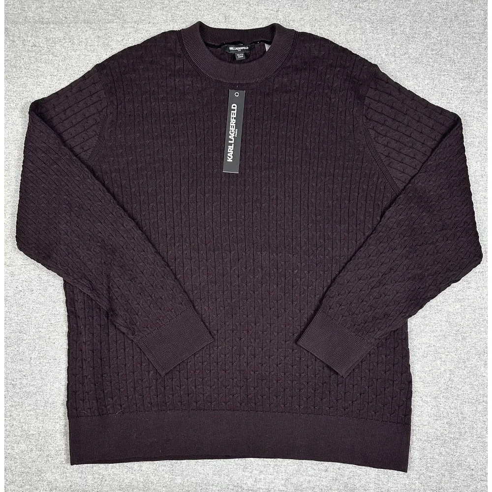 Karl Lagerfeld Paris Sweater Mens 2XL Wine‎ Burgundy Cable Knit Crewneck Ribbed